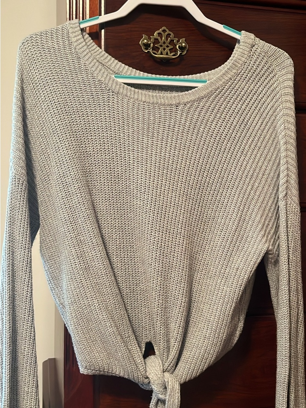 Hollister Light Gray Tie-Front Crewneck Sweater